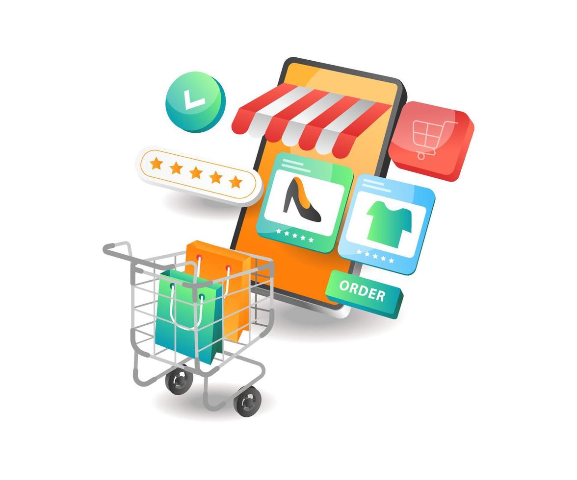 isometrisk illustration koncept. online shopping köpa varor på smartphone vektor