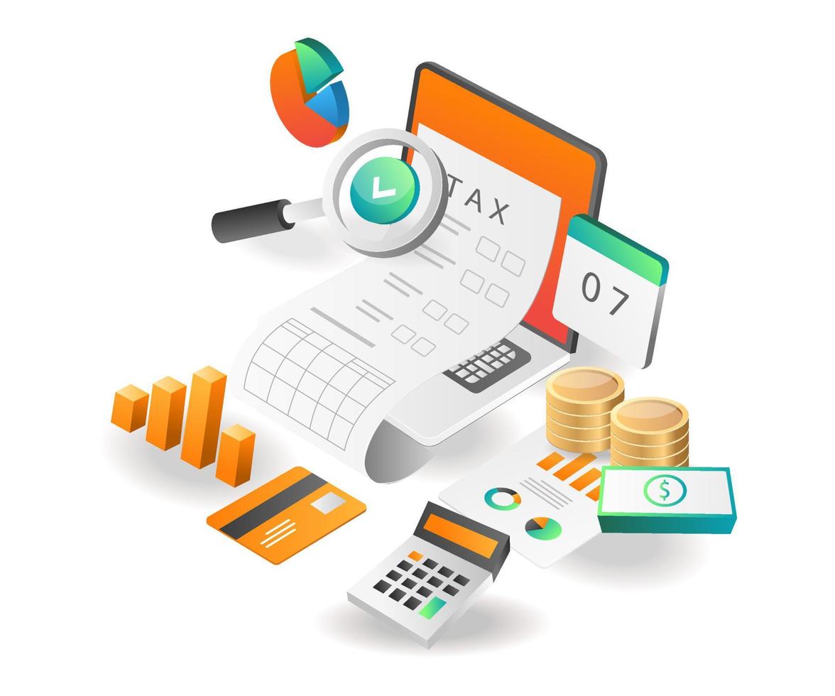 illustration isometriskt koncept. skatteredovisningsanalysdata för investeringsföretag vektor