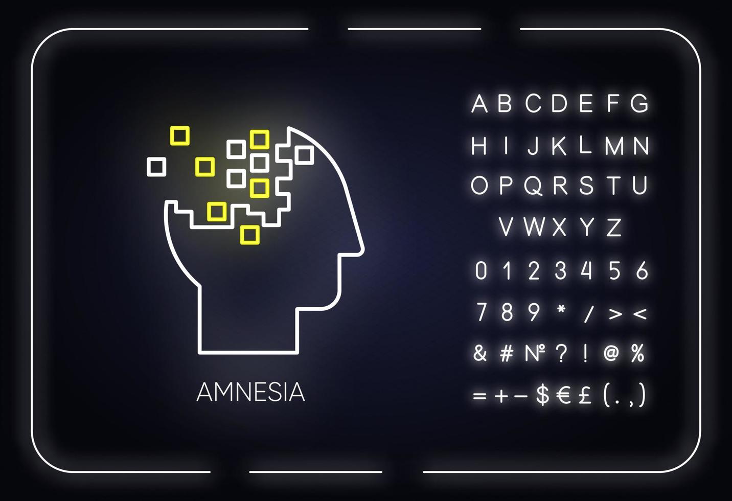 minnesförlust neonljus ikon. minnesförlust. hjärnskada. problem med att komma ihåg. korsakoff syndrom. mental sjukdom. glödande tecken med alfabet, siffror och symboler. vektor isolerade illustration