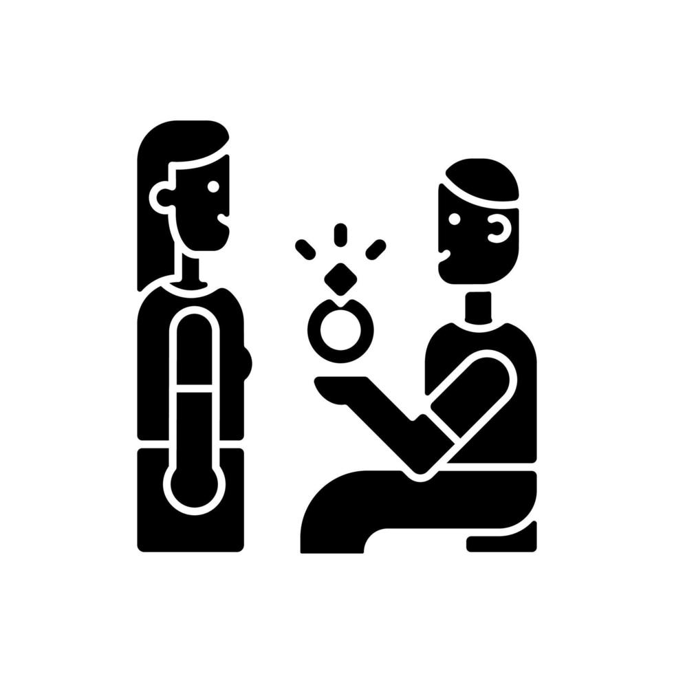 Vorschlag machen schwarzes Glyphen-Symbol. romantische Verlobung. willst du mich heiraten. um die Hand anhalten. ein Knievorschlag. Schattenbildsymbol auf Leerraum. vektor isolierte illustration