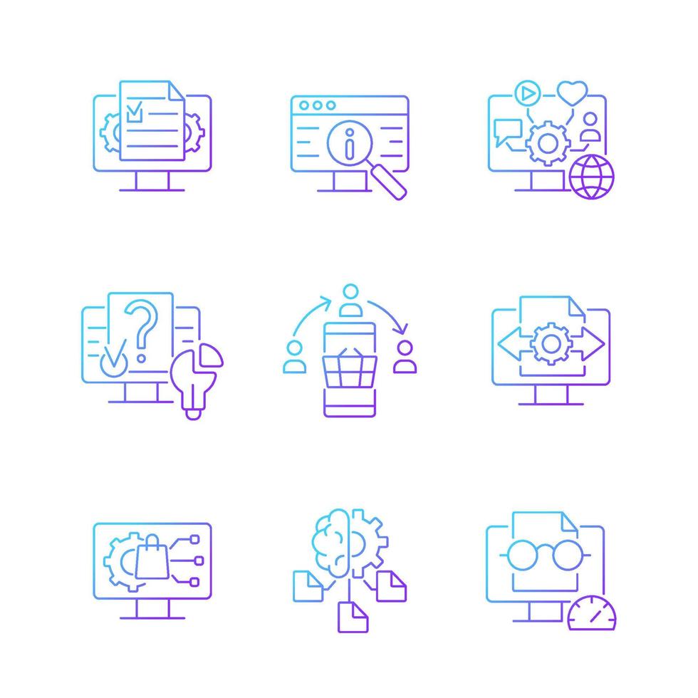 digital läskunnighet gradient linjär vektor ikoner set. hantera digitalt innehåll. sociala nätverk. datoralgoritmer. tunn linje kontur symboler bunt. isolerade kontur illustrationer samling