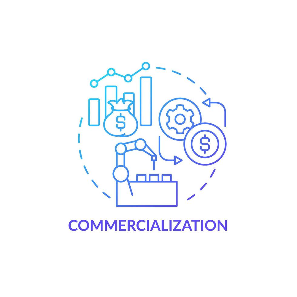 Symbol für das Monetarisierungskonzept. Technologie verkaufen. Einkünfte aus Industrie und Handel. innovatives produkt auf den markt übertragen abstrakte idee dünne linie illustration. Vektor isolierte Umrissfarbe Zeichnung