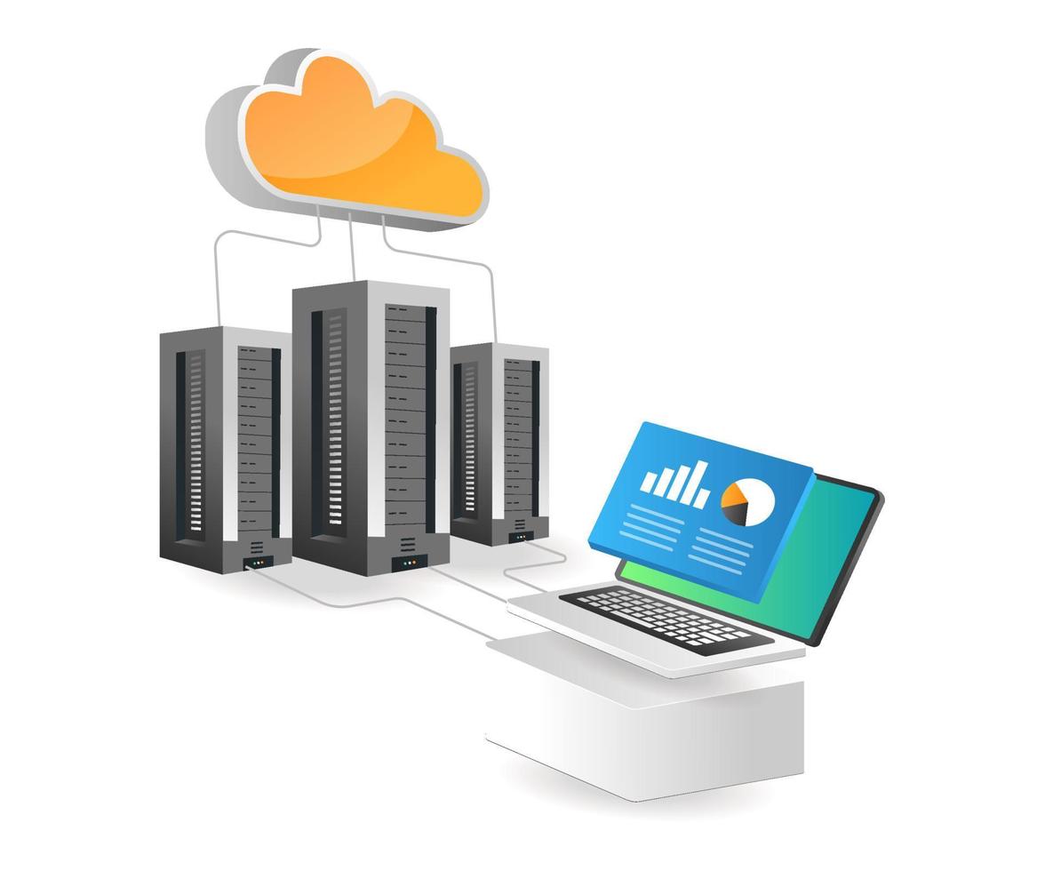 isometrisches illustrationskonzept. Cloud-Server-Datenanalyse-Sicherheitsnetzwerk vektor