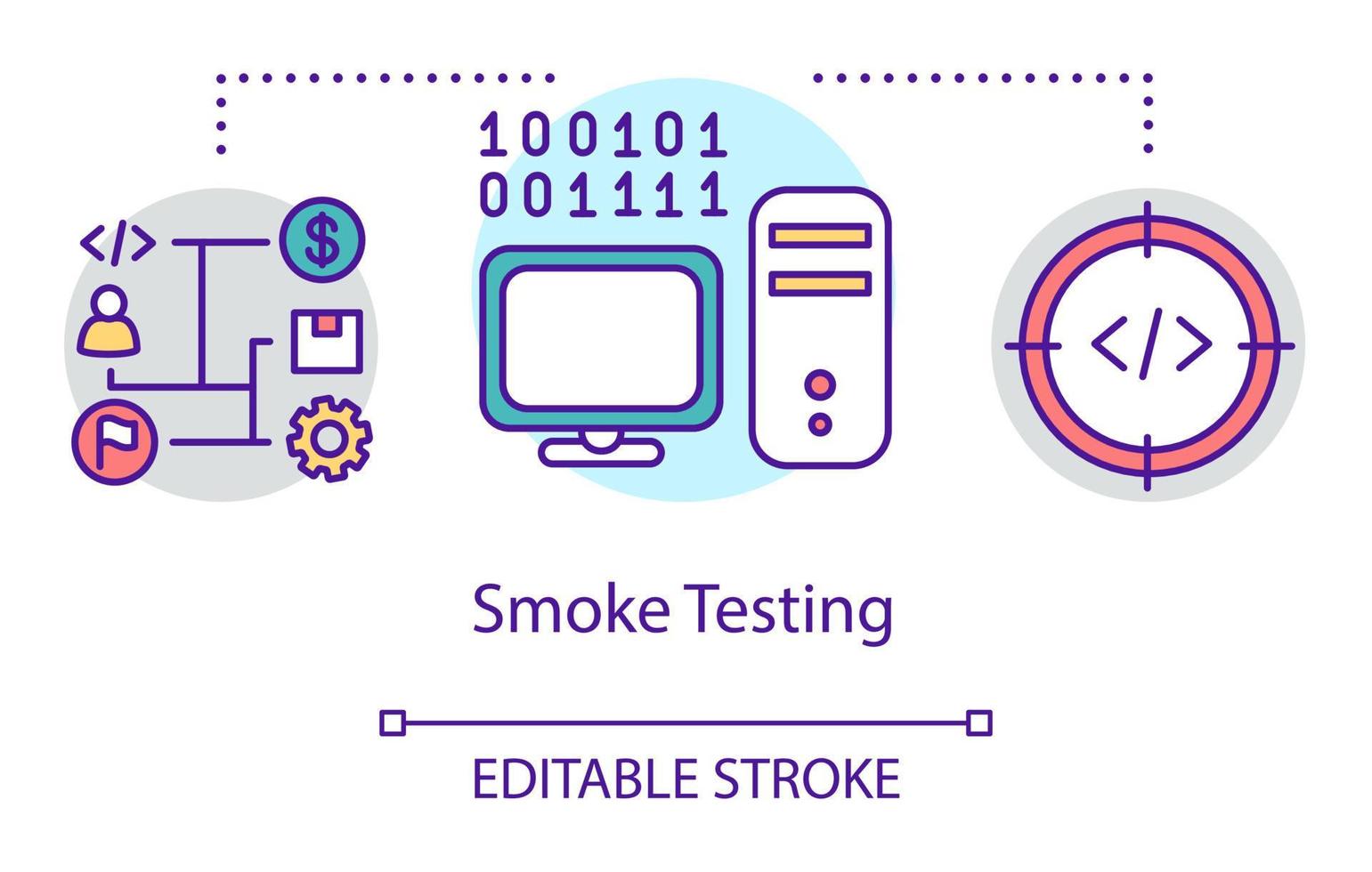 Symbol für das Rauchtestkonzept. Build-Verifizierungsidee dünne Liniendarstellung. Software-Testprozess. Hinweise auf Probleme und Probleme. Vektor isoliert Umrisszeichnung. editierbarer Strich