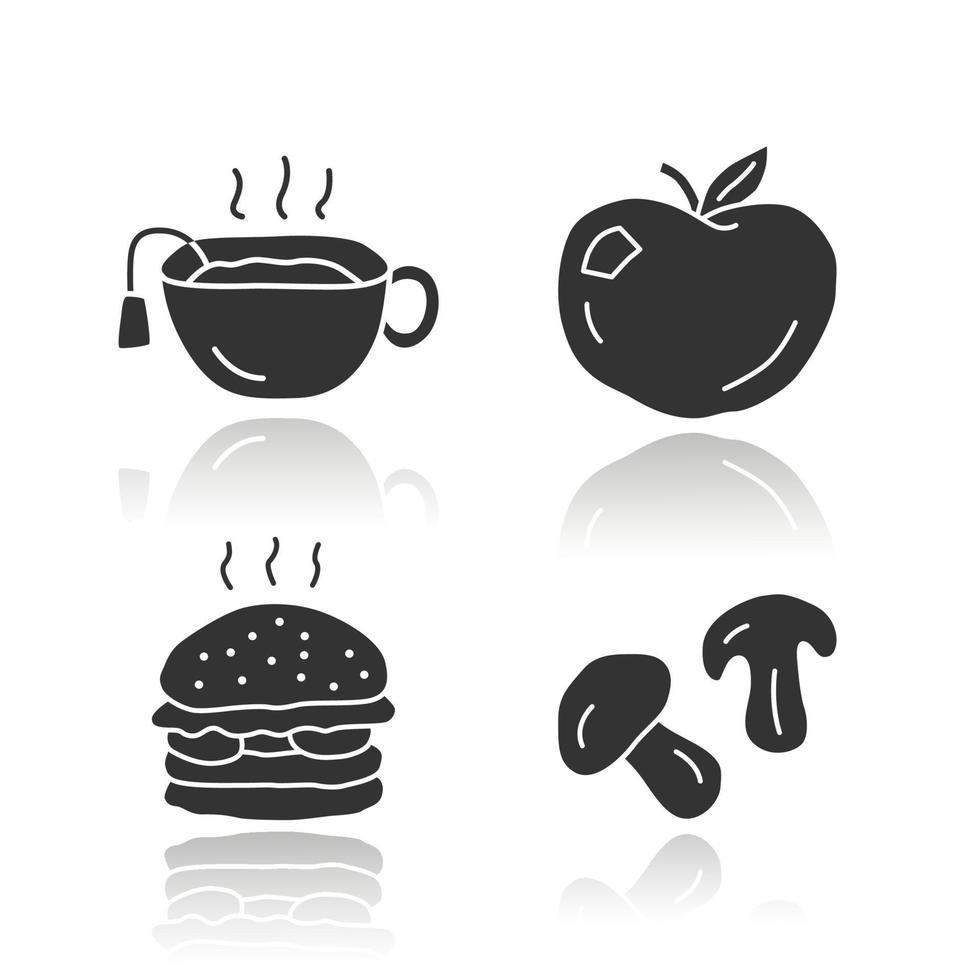 köstliches Mittagessen glänzende Symbole gesetzt. leckeres Frühstück, Fast Food und Silhouettensymbole für Getränke. heißer tee, reifer apfel, burger und pilze vector isolierte illustration. Gesunde und schädliche Ernährung