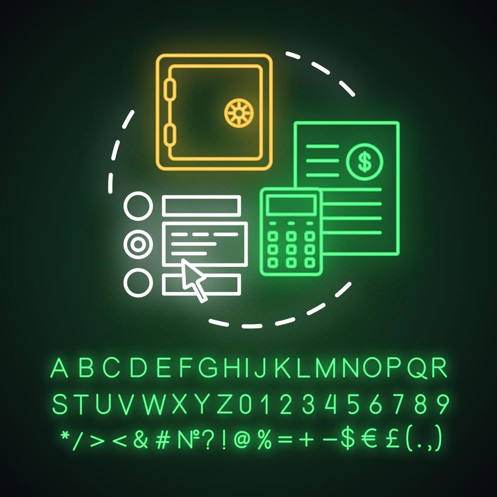 Wählen Sie das Symbol für das Konzept des Neonlichts. Sparidee. Investitionsvertrag. Finanzplan wählen. leuchtendes zeichen mit alphabet, zahlen und symbolen. Vektor lokalisierte Illustration..