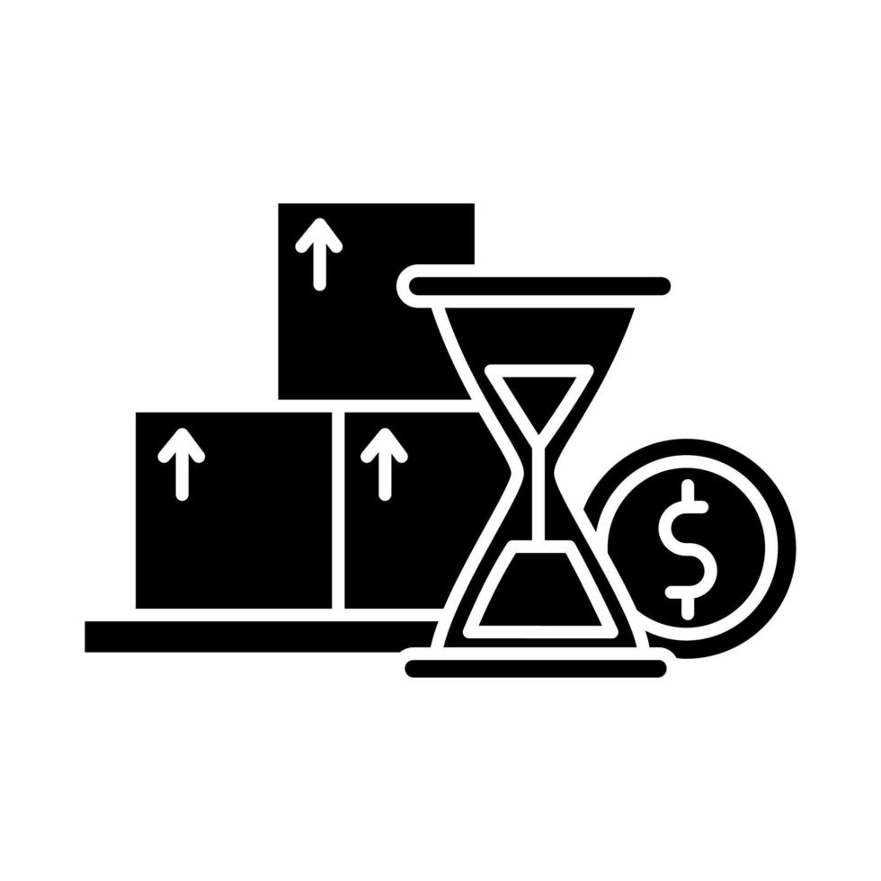 Glyphensymbol für Budgeterhöhungsdiagramm. steigender Zinssatz mit der Zeit. Infografik für intelligente Investitionen. Kredit-Countdown. Sanduhr und Münze. Silhouettensymbol. negativer Raum. vektor isolierte illustration