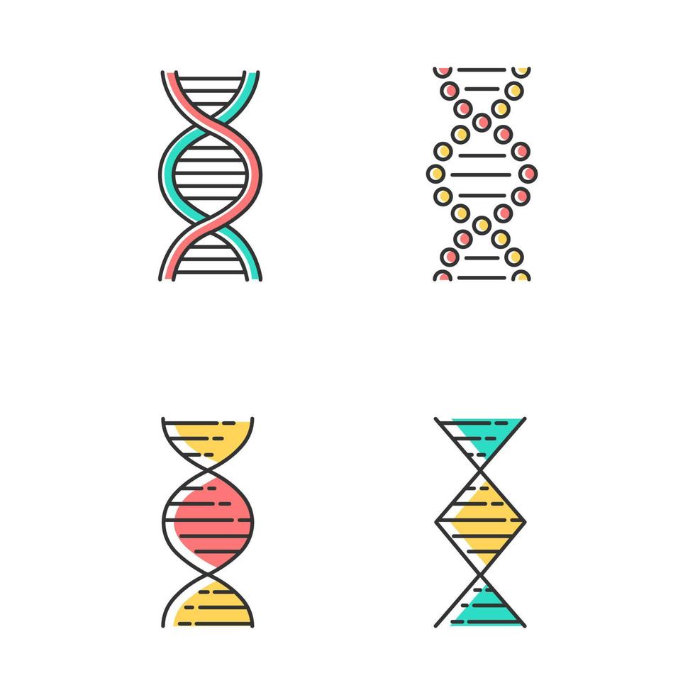 DNA-Spiralstränge Farbsymbole gesetzt. Desoxyribonukleinsäure, Nukleinsäurehelix. spiralförmige Stränge. Chromosom. Molekularbiologie. genetischer Code. Genom. Genetik. Medizin. isolierte Vektorgrafiken vektor