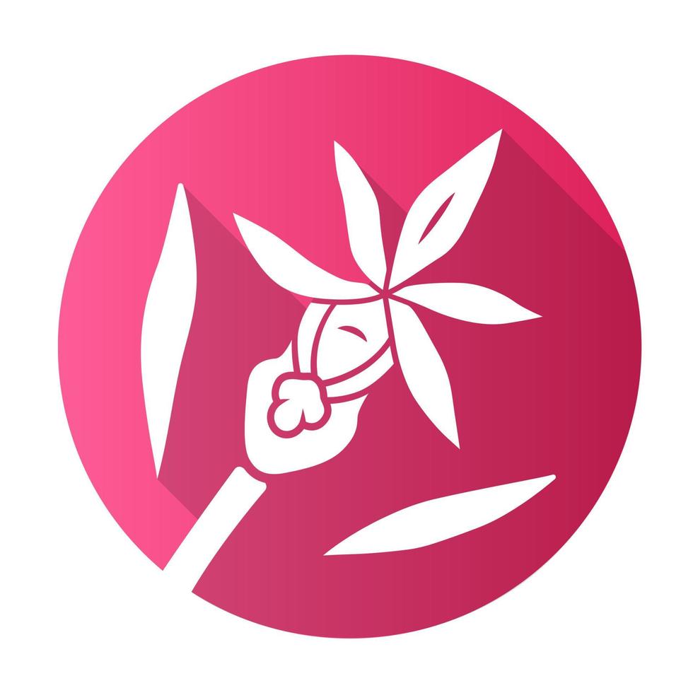 Calypso-Orchidee rosa flaches Design lange Schatten-Glyphe-Symbol. exotische, tropisch blühende blume. Fee Pantoffel. calypso bulbosa. Wildblume paphiopedilum. Frühlingsblüte. Vektor-Silhouette-Illustration vektor