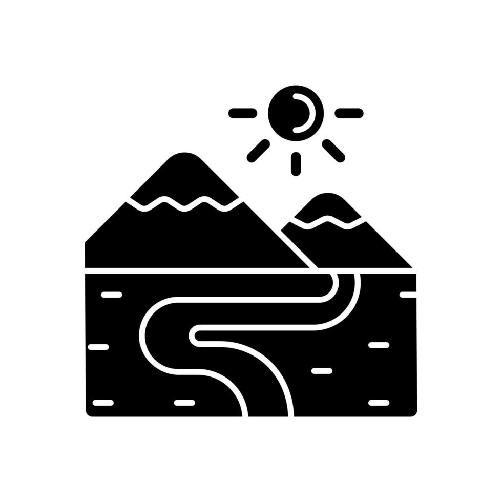 dalen svart glyfikon. lågland. långsträckt låg landform. område mellan kullar och berg. landytans fördjupning. dränerad flodbassäng. siluett symbol på vitt utrymme. vektor isolerade illustration