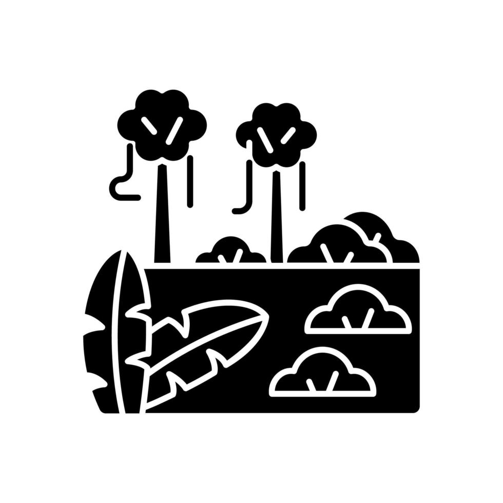 Tropenwald schwarzes Glyphen-Symbol. Regenwald. Region mit warmem und feuchtem Klima. äquatoriales Biom. heiße Temperaturen und häufiger Regen. Schattenbildsymbol auf Leerraum. vektor isolierte illustration