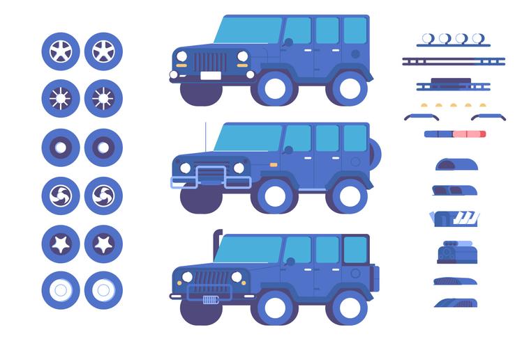 Jeep fordon delar anpassning mod illustration set vektor