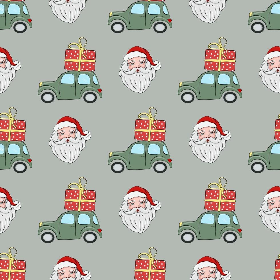 weihnachtsnahtloses muster, mit weihnachtsmann und grünem auto mit einem geschenk auf dem dach. weihnachts- und neujahrskonzept. Die Illustration eignet sich hervorragend für Geschenkpapier und Verpackungen. vektor