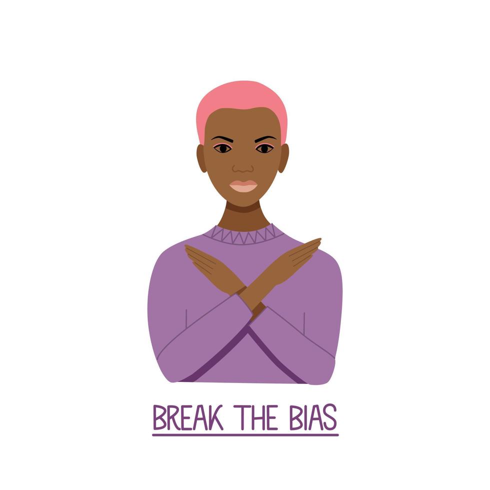 svart kvinna med korsade armar visar bryta bias tecken. internationella kvinnodagens affisch för att stödja jämställdhet. vektor