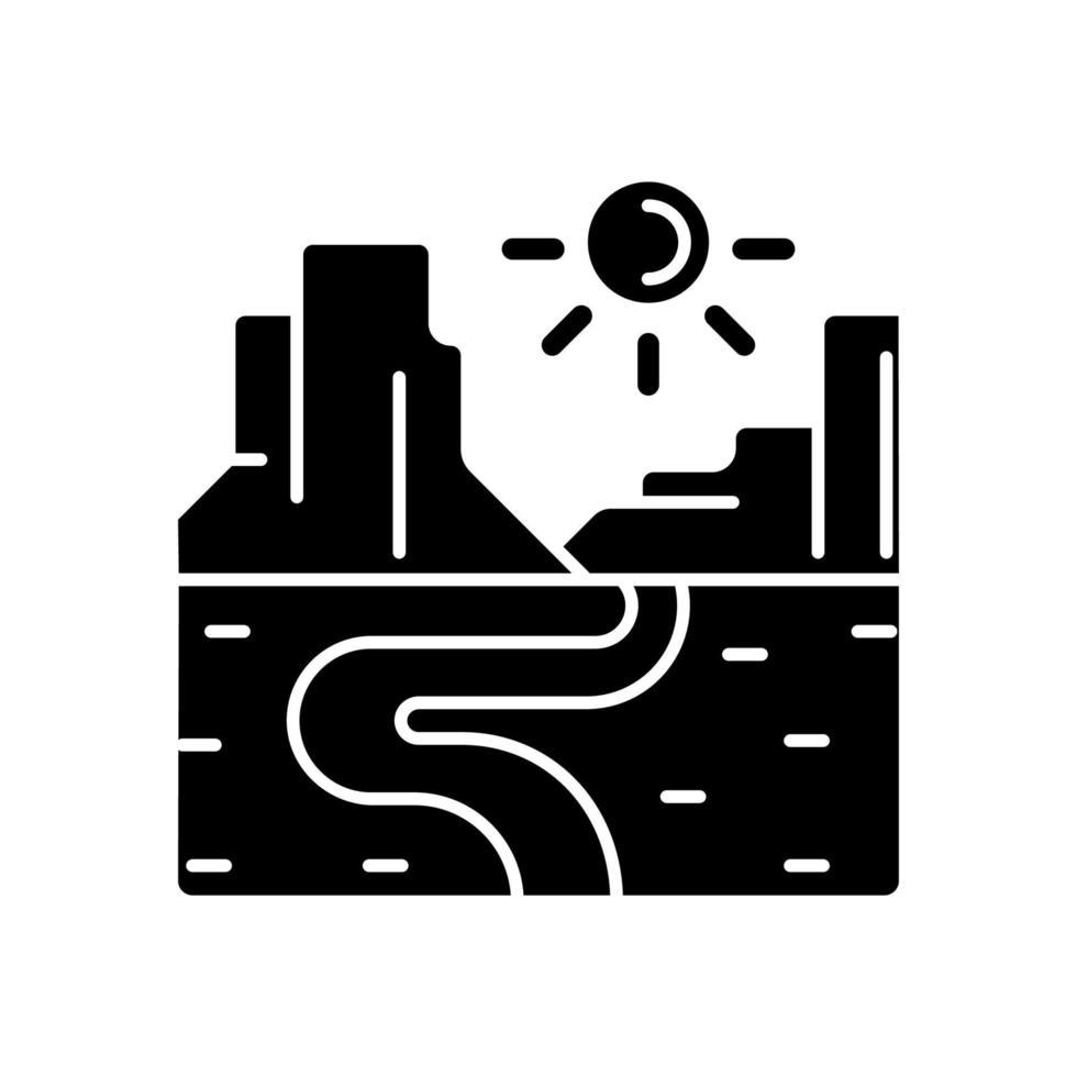 canyon svart glyfikon. smal och djup ravin. vattenflöde bildade landtyp. dike med brant klippsida. erosion skapade landform. siluett symbol på vitt utrymme. vektor isolerade illustration