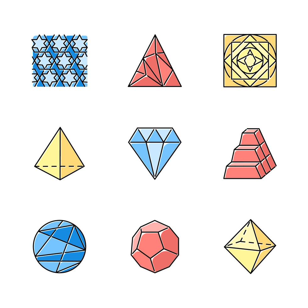 Farbsymbole für geometrische Figuren festgelegt. abstrakte Formen. isometrische Formen. geometrische Verzierung. Polygonales Dreieck. Prismenmodell. doppelte Pyramide. dekoratives Quadrat. gesäumter Kreis. isolierte Vektorgrafiken vektor