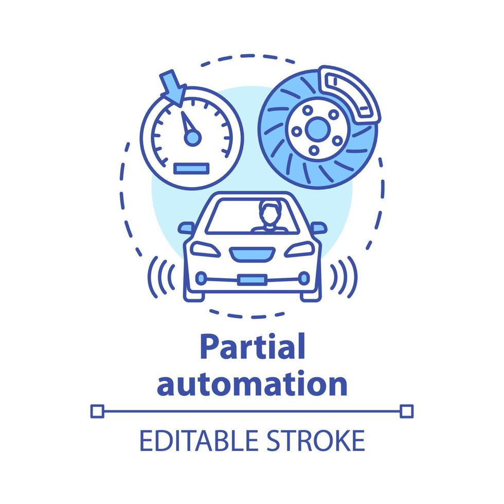 partiell automatisering koncept ikon. fordon med farthållare och parkeringssensorer. elektroniska bilsystem för föraren idé tunn linje illustration. vektor isolerade konturritning. redigerbar linje