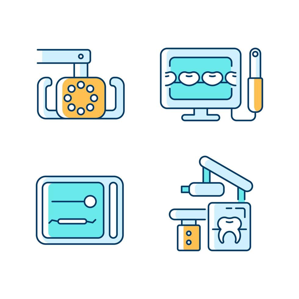 rgb-farbsymbole für zahnärztliche geräte gesetzt. Aufhellung der Mundhöhle. Intraorale Kamera. UV-Sterilisator-Box. Röntgengeräte. Zahnbehandlung. isolierte Vektorgrafiken. einfache Sammlung gefüllter Strichzeichnungen vektor