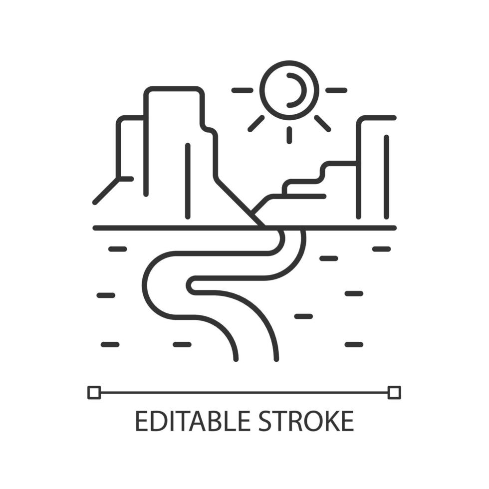 Schlucht lineares Symbol. enge und tiefe Schlucht. Wasserfluss gebildeter Landtyp. Erosion schuf Landform. dünne linie anpassbare illustration. Kontursymbol. Vektor isoliert Umrisszeichnung. editierbarer Strich