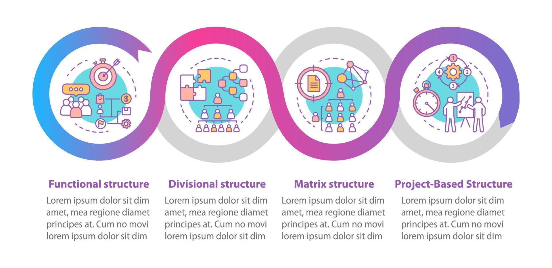 Infografik-Vorlage für Unternehmensstrukturvektoren. Organisationshierarchie. Firmenmanagement. Design von Geschäftspräsentationen. Datenvisualisierung in vier Schritten. Diagramm der Prozesszeitleiste. Workflow-Layout vektor