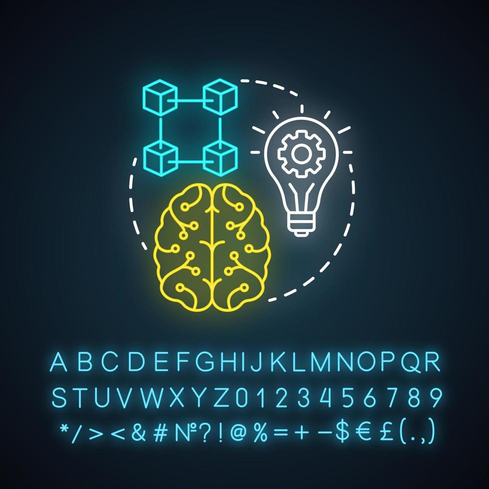 Symbol für künstliche Intelligenz für Robotik-Neonlichtkonzept. Idee eines intelligenten Computersystems. maschinelles Wissen. denken und analysieren. leuchtendes zeichen mit alphabeten. vektor isolierte illustration