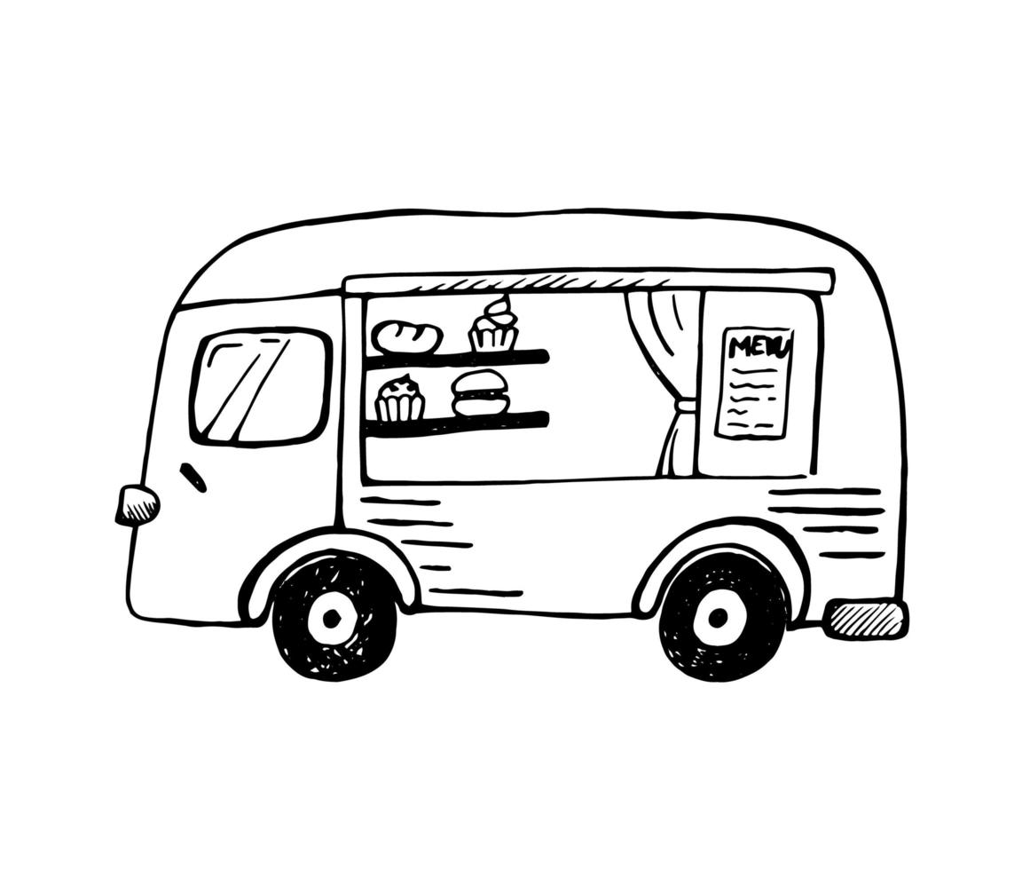 Lebensmittel-LKW-Doodle-Illustration. Eis, Süßigkeiten und Getränke. Vektorhintergrund für Menüs und Verpackungen von Cafés und Restaurants. vektor