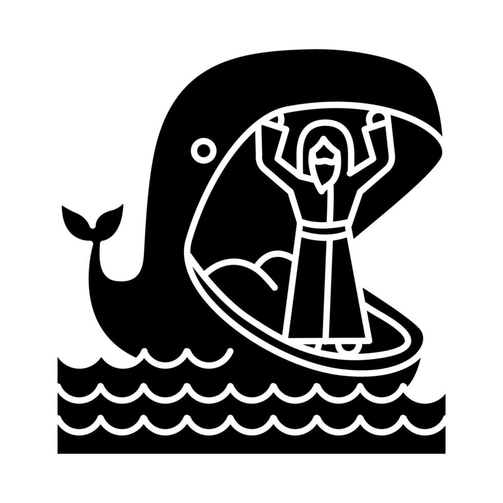 Symbol für Jona und Wal-Glyphe. alttestamentliche geschichte. Jonahs wundersame Rückkehr aus den Kiefern riesiger Fische. Reue und Vergebung. Silhouettensymbol. negativer Raum. vektor isolierte illustration
