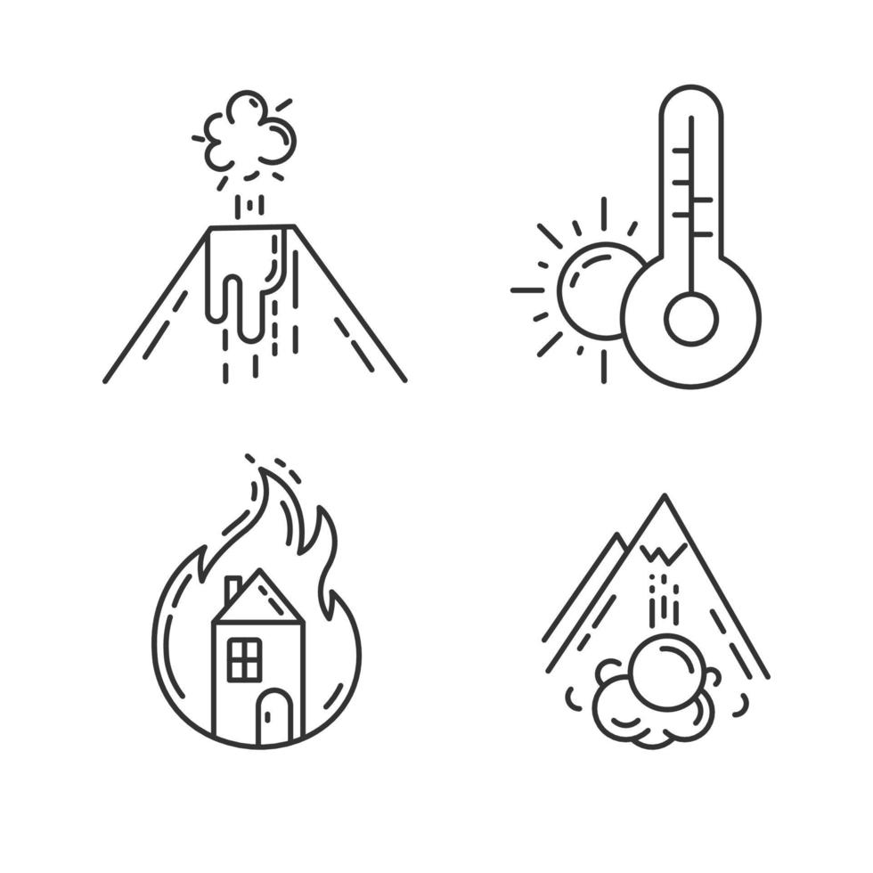 naturkatastrof linjära ikoner set. vulkanutbrott, väderprognos, brand, lavin. försäkringsärende. tunn linje kontur symboler. isolerade vektor kontur illustrationer. redigerbar linje