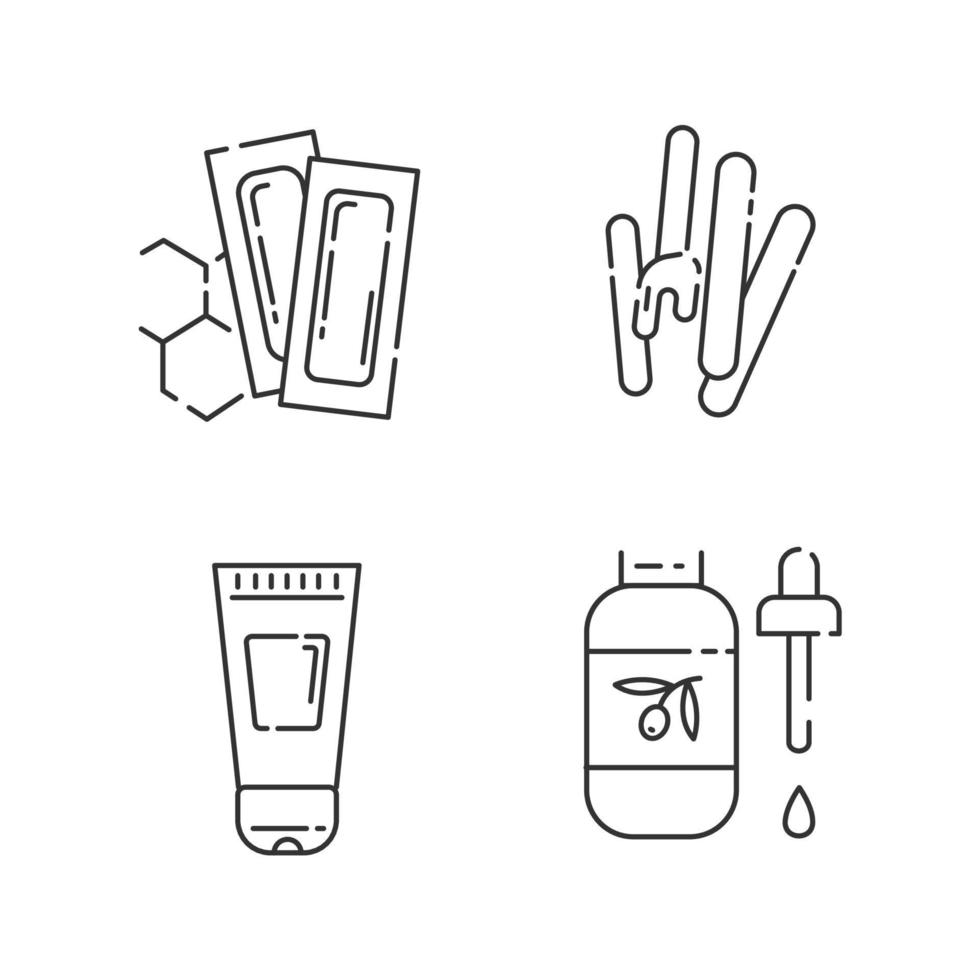 vaxning verktyg linjära ikoner set. varma, mjuka vaxremsor med spatel. utrustning för hårborttagning. lotion, olja för hårborttagning. tunn linje kontur symboler. isolerade vektor kontur illustrationer. redigerbar linje