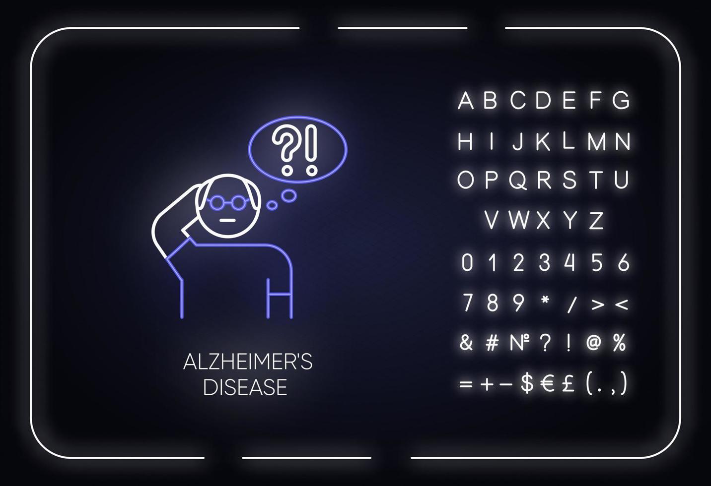 Symbol für Neonlicht der Alzheimer-Krankheit. Demenz. Gedächtnisverlust. Probleme mit dem Denken. Ältere Person. Psychische Störung. leuchtendes zeichen mit alphabet, zahlen und symbolen. vektor isolierte illustration