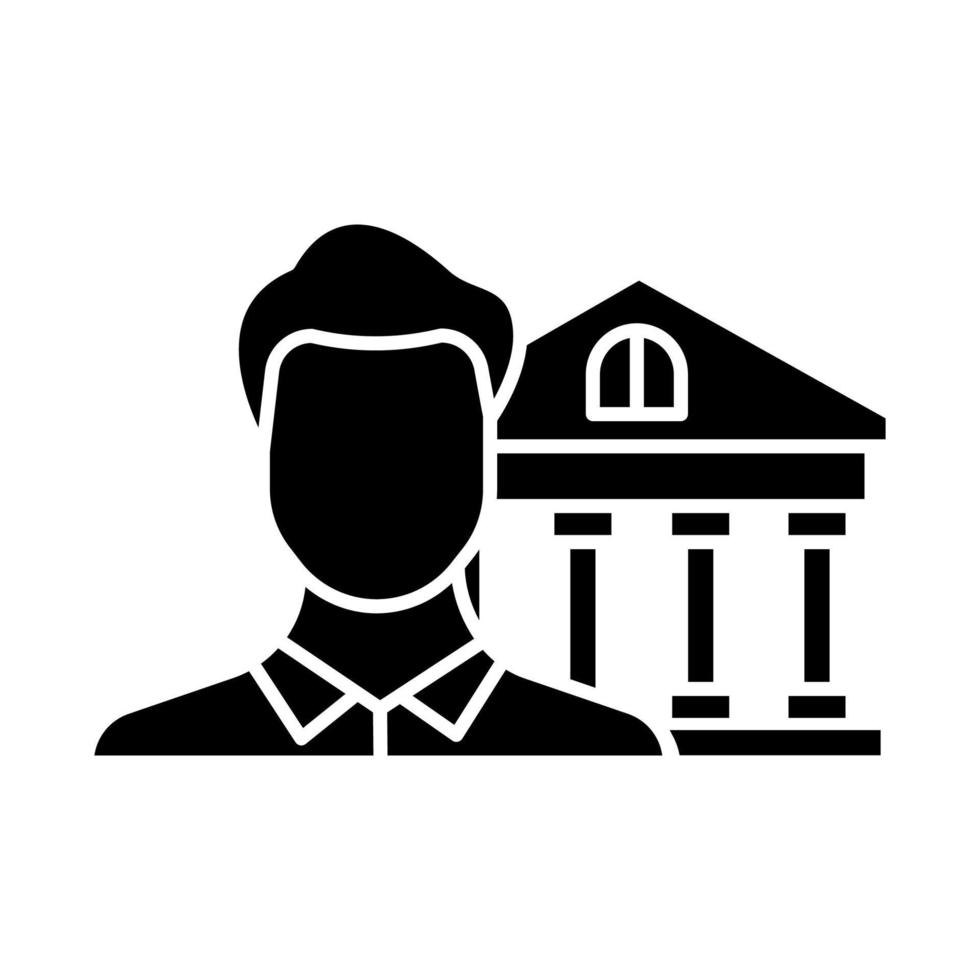 Kreditmanager-Glyphe-Symbol. professioneller Geschäftsmann. männlicher mitarbeiter des kundenservice. Wirtschaft, Finanzwirtschaft. Bankgebäude. Silhouettensymbol. negativer Raum. vektor isolierte illustration