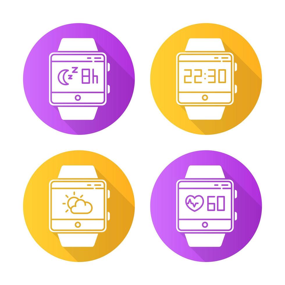 Fitness-Tracker-Funktionen flaches Design lange Schatten-Glyphen-Symbole gesetzt. Smartwatch-Wellness-Dienste. Tracking-Herzfrequenz, Schlafüberwachung, Uhr, Wettervorhersage. Vektor-Silhouette-Illustration vektor