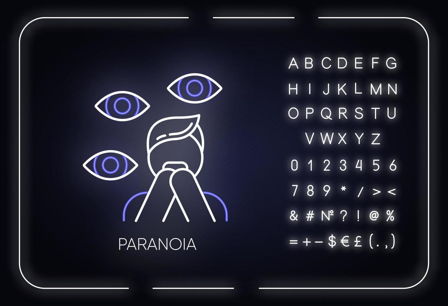 paranoia neonljusikon. panikattack. rädd person. rädsla, fobi. skräckslagen man. stress och ångest. mental sjukdom. glödande tecken med alfabet, siffror och symboler. vektor isolerade illustration