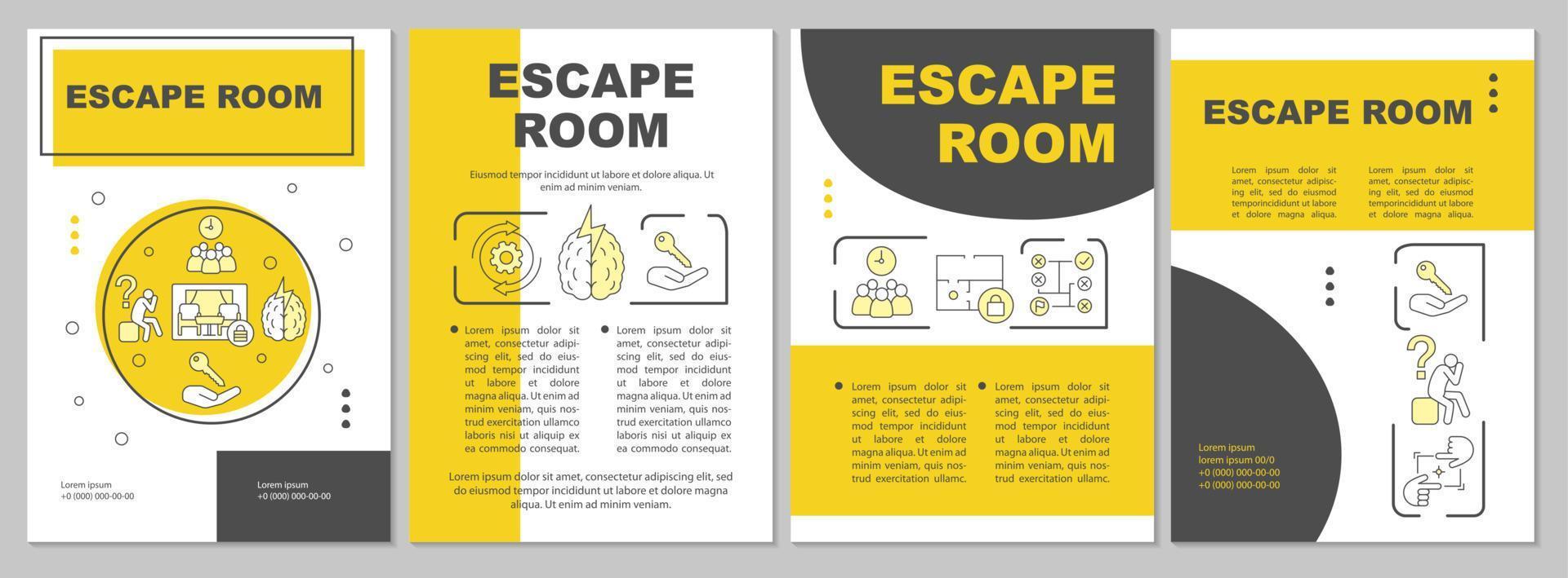 escape room broschyrmall. uppdragsblad, häfte, broschyrtryck, omslagsdesign med linjära illustrationer. strategi, logikspel. vektor sidlayouter för tidskrifter, årsredovisningar, reklamaffischer