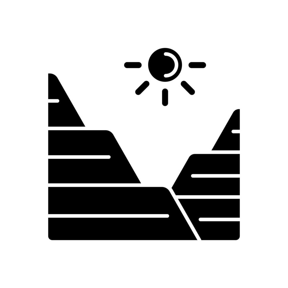 Löss schwarzes Glyphen-Symbol. Sedimentlandschaft. vom Wind verwehter Staub und Schlickbildung. Landtyp Berghang. trockenes Gelände. Schattenbildsymbol auf Leerraum. vektor isolierte illustration