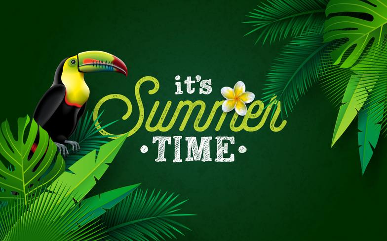 Es ist Sommerzeit-Illustration mit Blumen-und Tukan-Vogel auf grünem Hintergrund. Vektor-tropisches Feiertags-Design mit exotischen Palmblättern und Phylodendron vektor
