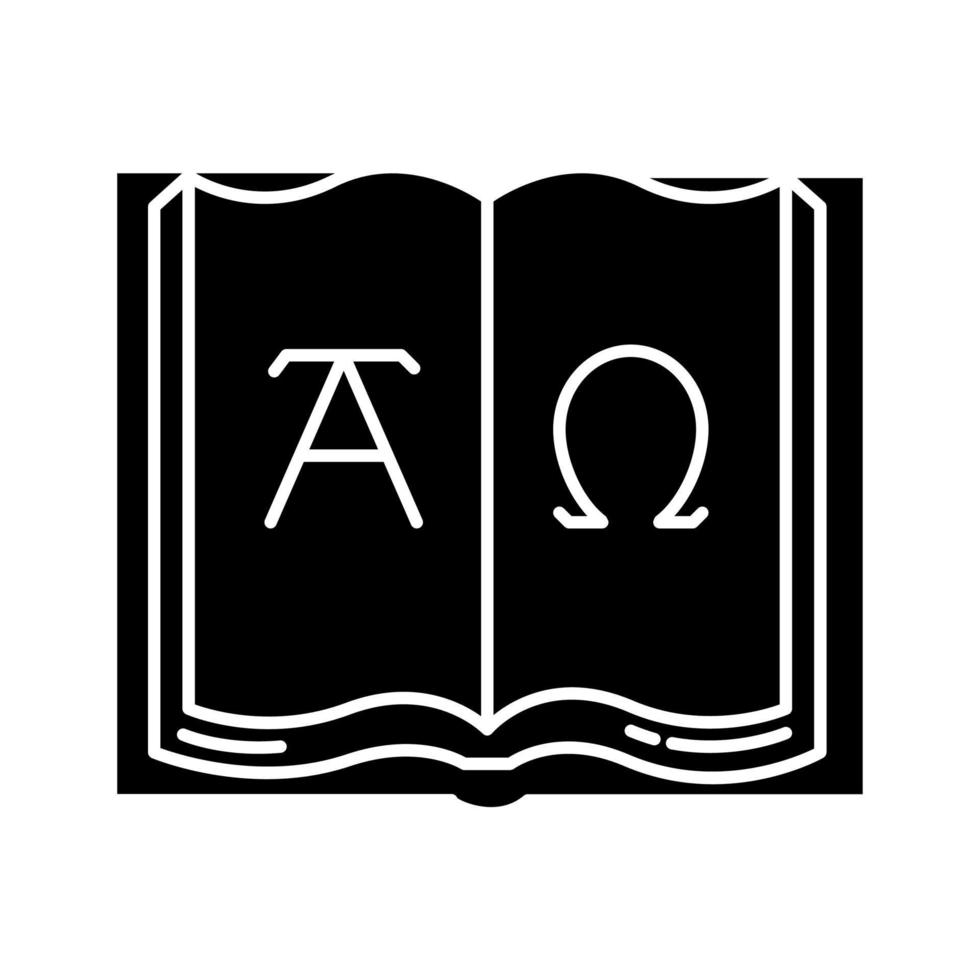 alfa och omega glyfikon. början och slut. öppen bok med bokstäver i det grekiska alfabetet. Johannes uppenbarelsebok. siluett symbol. negativt utrymme. vektor isolerade illustration