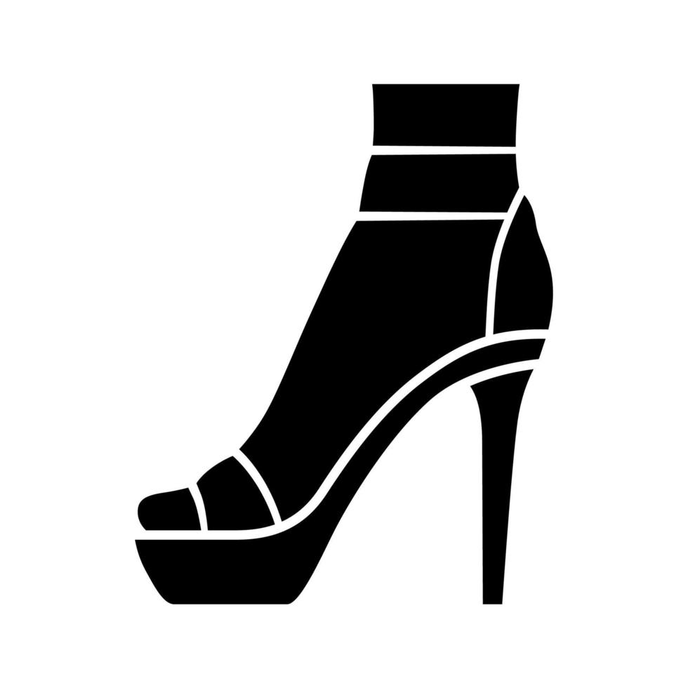 Glyphen-Symbol für High Heels mit Knöchelriemen. Frau stilvolles Schuhdesign. weibliche Party-Stiletto-Schuhe, luxuriöse Sommer-Sandalen mit offener Spitze. Silhouettensymbol. negativer Raum. vektor isolierte illustration