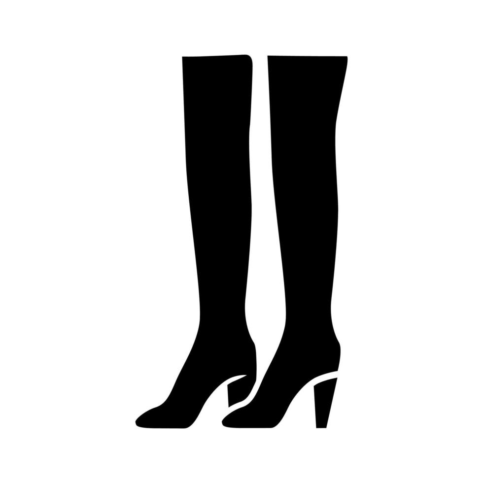 Glyphen-Symbol für oberschenkelhohe Stiefel. Frau stilvolles formelles Schuhdesign. weibliche lässige gestapelte fersen, moderne luxusschuhe. Kleidungszubehör. Silhouettensymbol. negativer Raum. vektor isolierte illustration