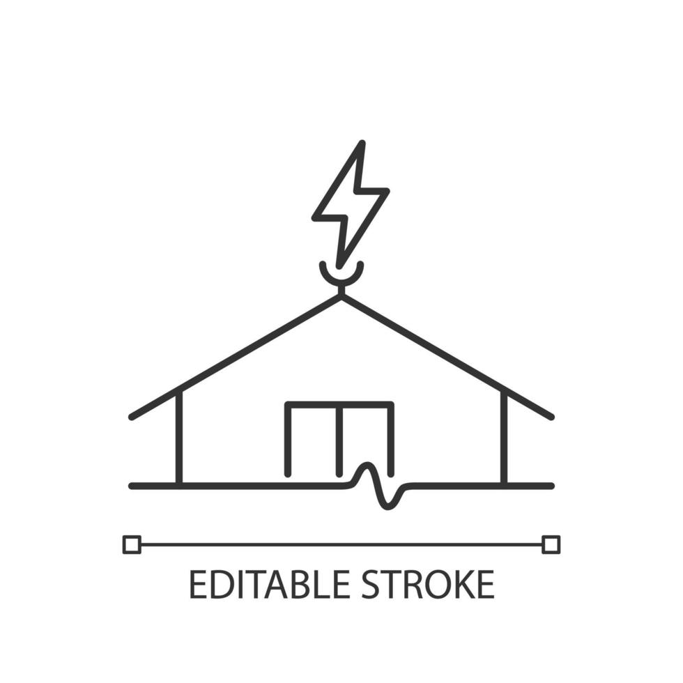 Blitzableiter lineares Symbol. Schutz von Gebäuden vor Schäden durch Blitzschlag. Brandgefahr vorbeugen. dünne linie anpassbare illustration. Kontursymbol. Vektor isoliert Umrisszeichnung. editierbarer Strich