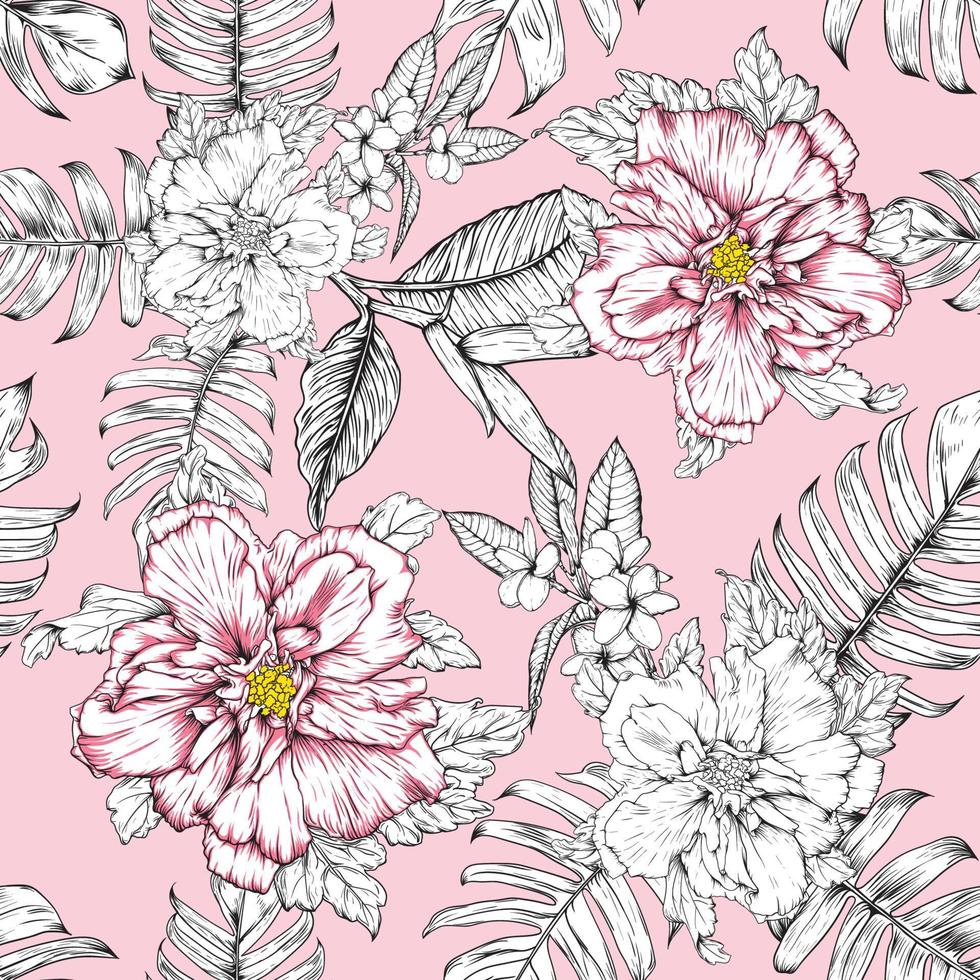 sömlösa blommönster hibiskus och frangipani blommor abstrakt bakgrund. vektorillustration handritning. för tyg print design textur vektor