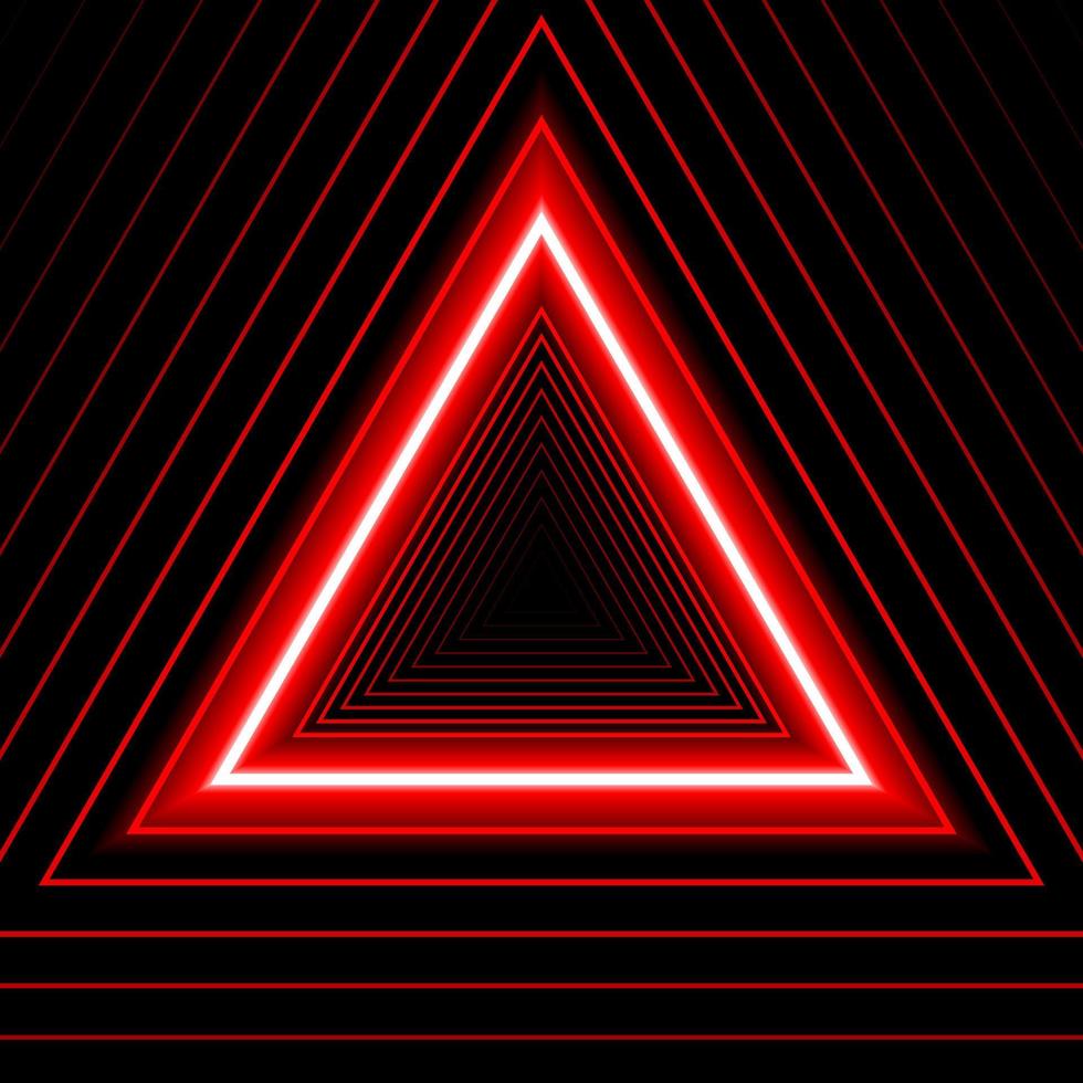 triangel form röda linjer lyser neon, på en svart bakgrund. linjär mall för visitkort, omslagslayout, broschyr, flygblad, företagssida, affisch, banner, webbdesign. vektor illustration.