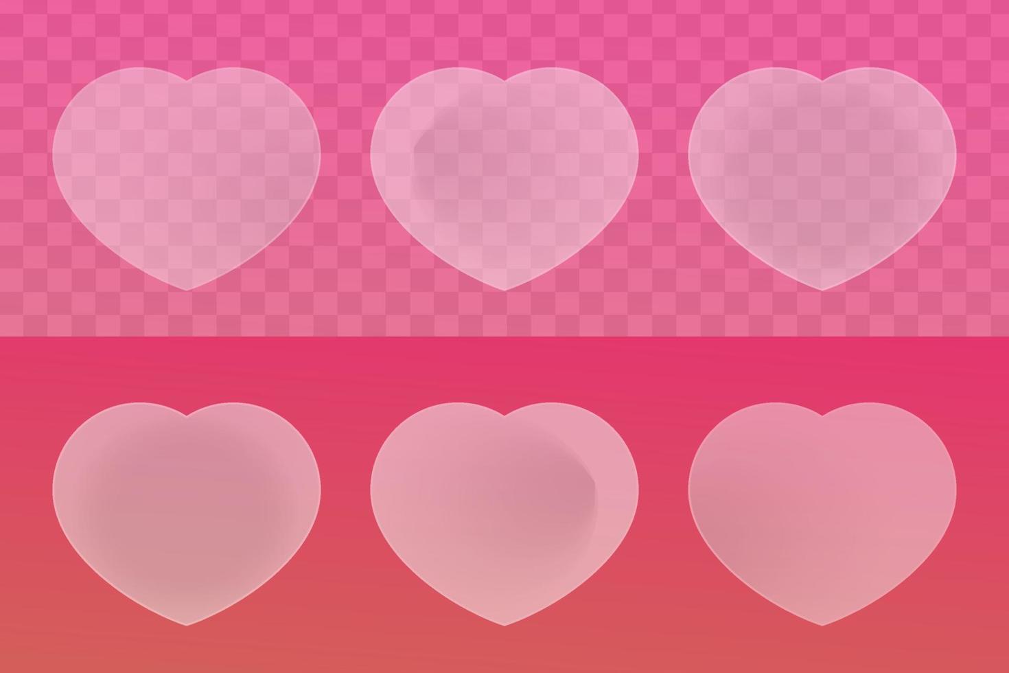 kärlek ikon samling. med glasmorfismstil. rosa bakgrund. transparent, frostat och glänsande glaskoncept. vektor