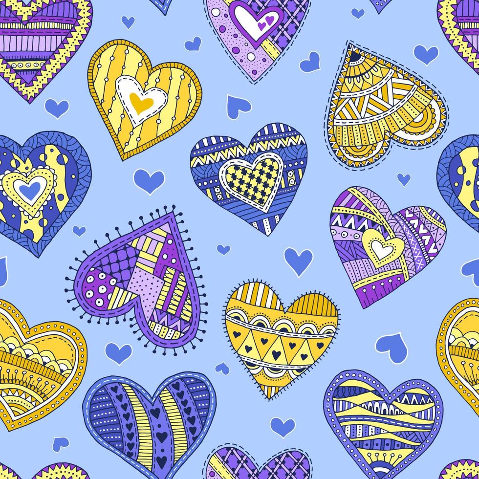 gezeichnetes nahtloses Muster mit dekorativen Herzen auf einem blauen Hintergrund. vektor