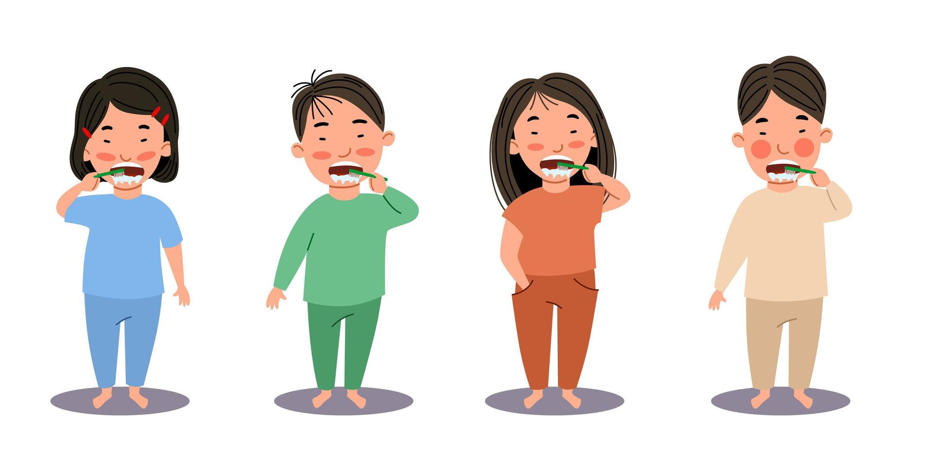 asiatiska pojkar och flickor borstar tänderna. vektor