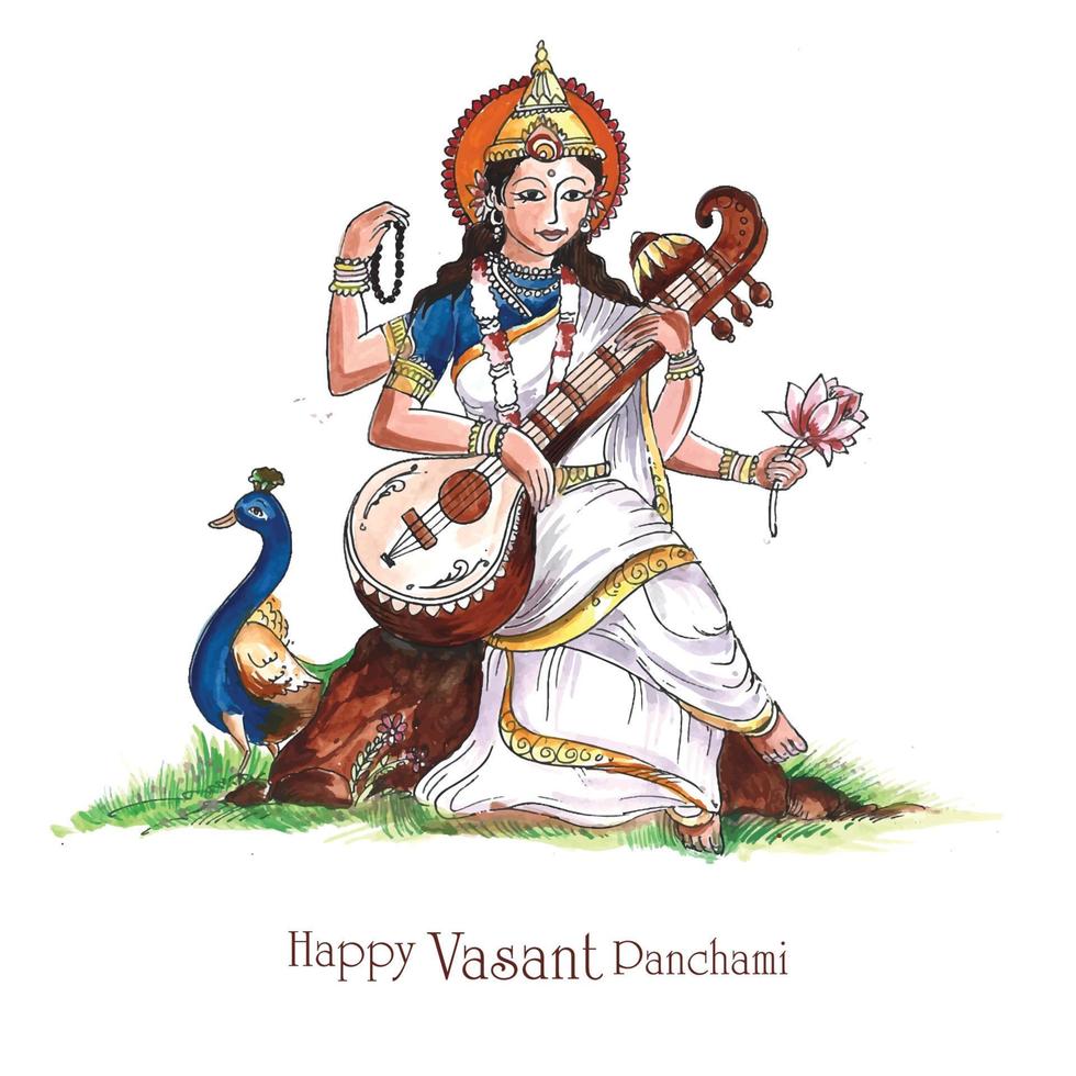 indischer gott saraswati maa auf vasant panchami religiösem festivalhintergrund vektor