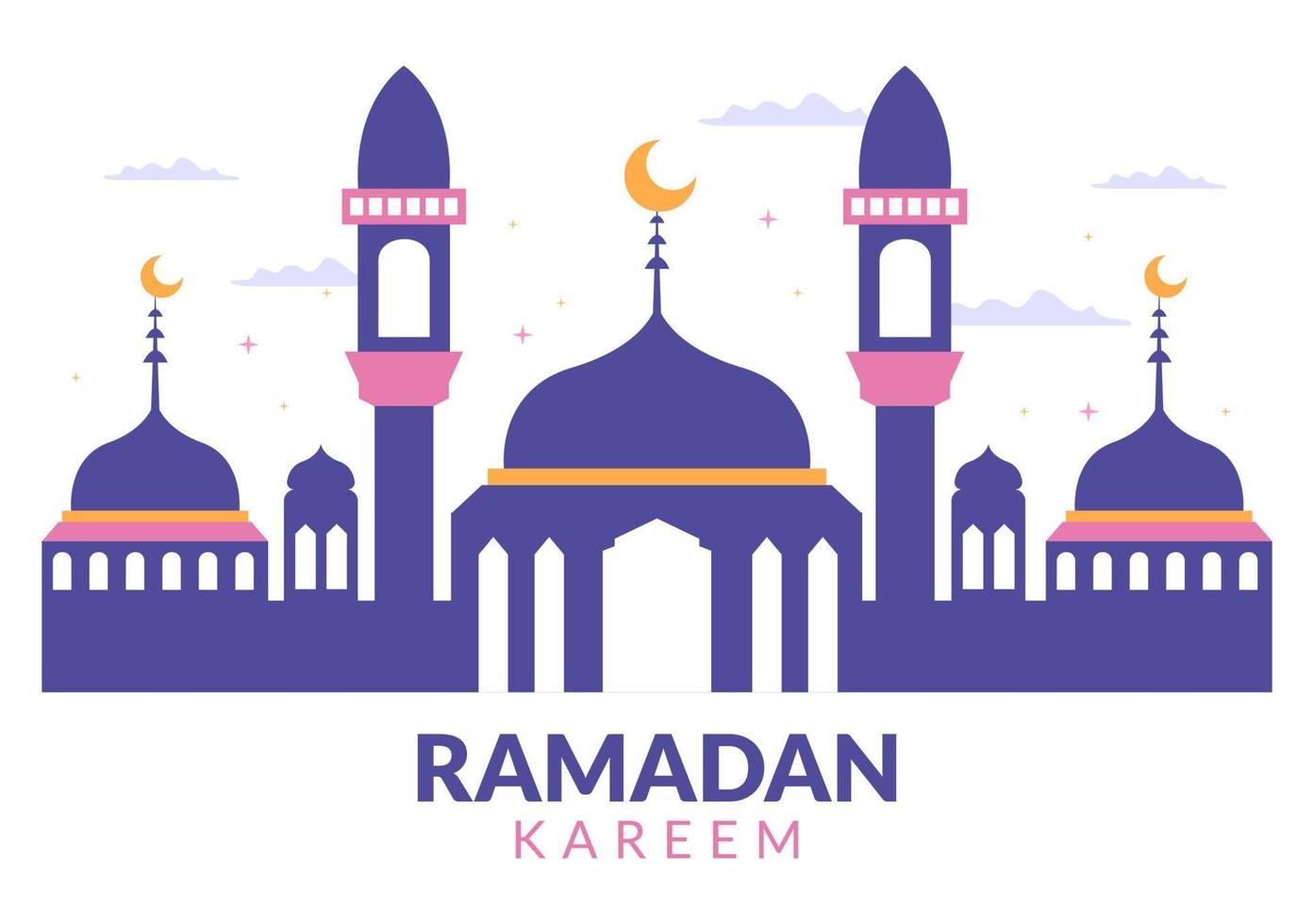 ramadan kareem mit moschee, laternen und mond in flacher hintergrundvektorillustration für religiöse feiertage islamische eid fitr oder adha festival banner oder poster vektor