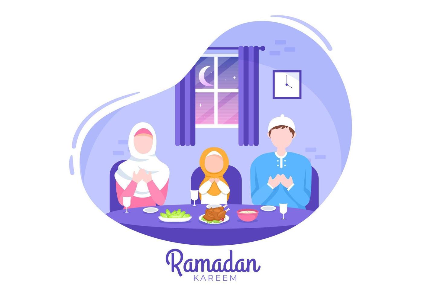 ramadan kareem mit dem brechen des fastens, iftar oder sahur in flacher hintergrundvektorillustration für religiöse feiertage islamische eid fitr und adha festival banner oder poster vektor