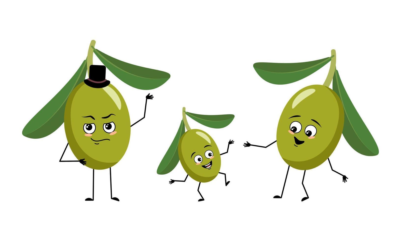 familie von olivenfruchtcharakteren mit glücklichen gefühlen, lächelndem gesicht, glücklichen augen, armen und beinen. Mama ist glücklich, Papa trägt Hut und Kind tanzt. flache vektorillustration vektor