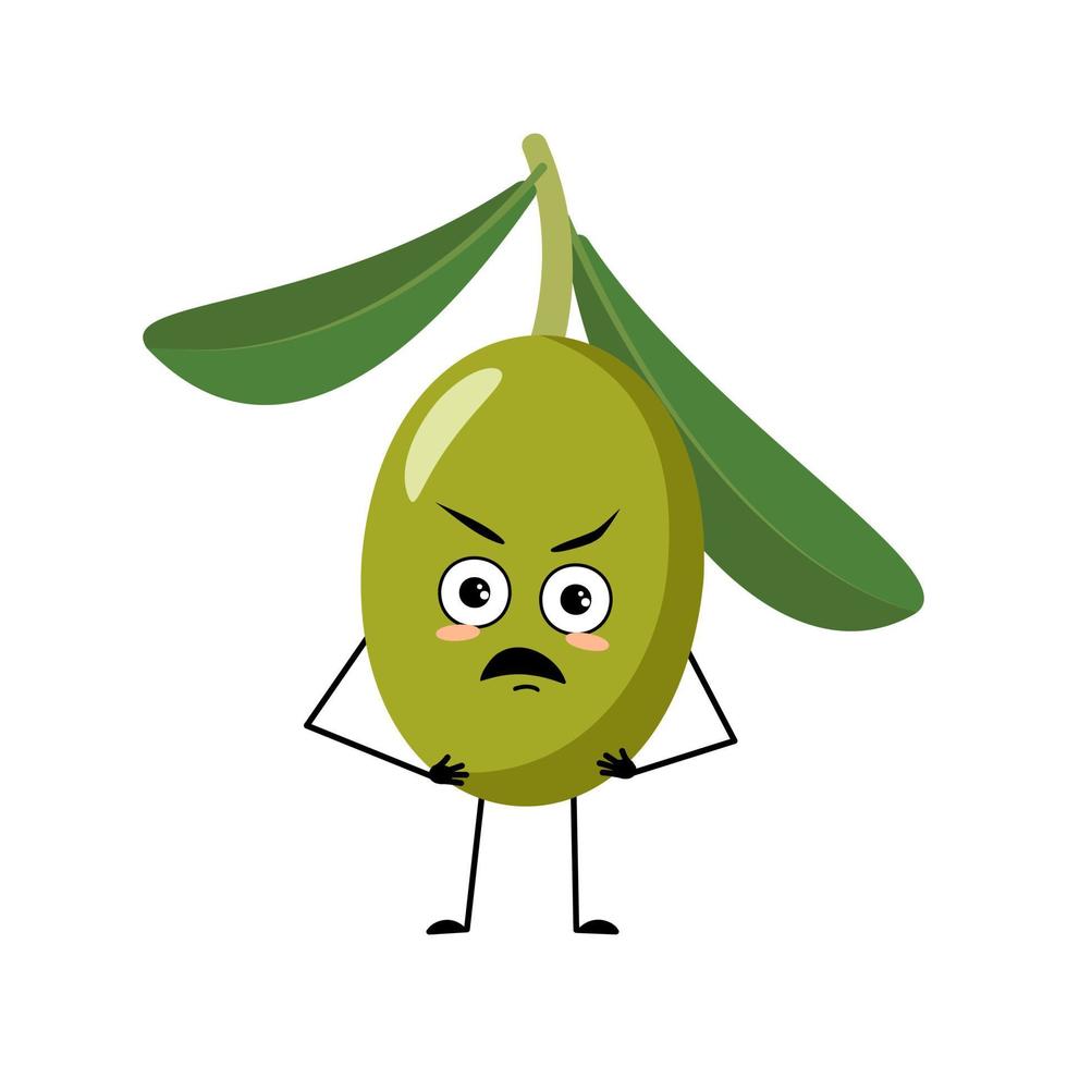 oliv karaktär med arga känslor, grinigt ansikte, rasande ögon, armar och ben. person med irriterad uttryck, frukt uttryckssymbol. platt vektor illustration